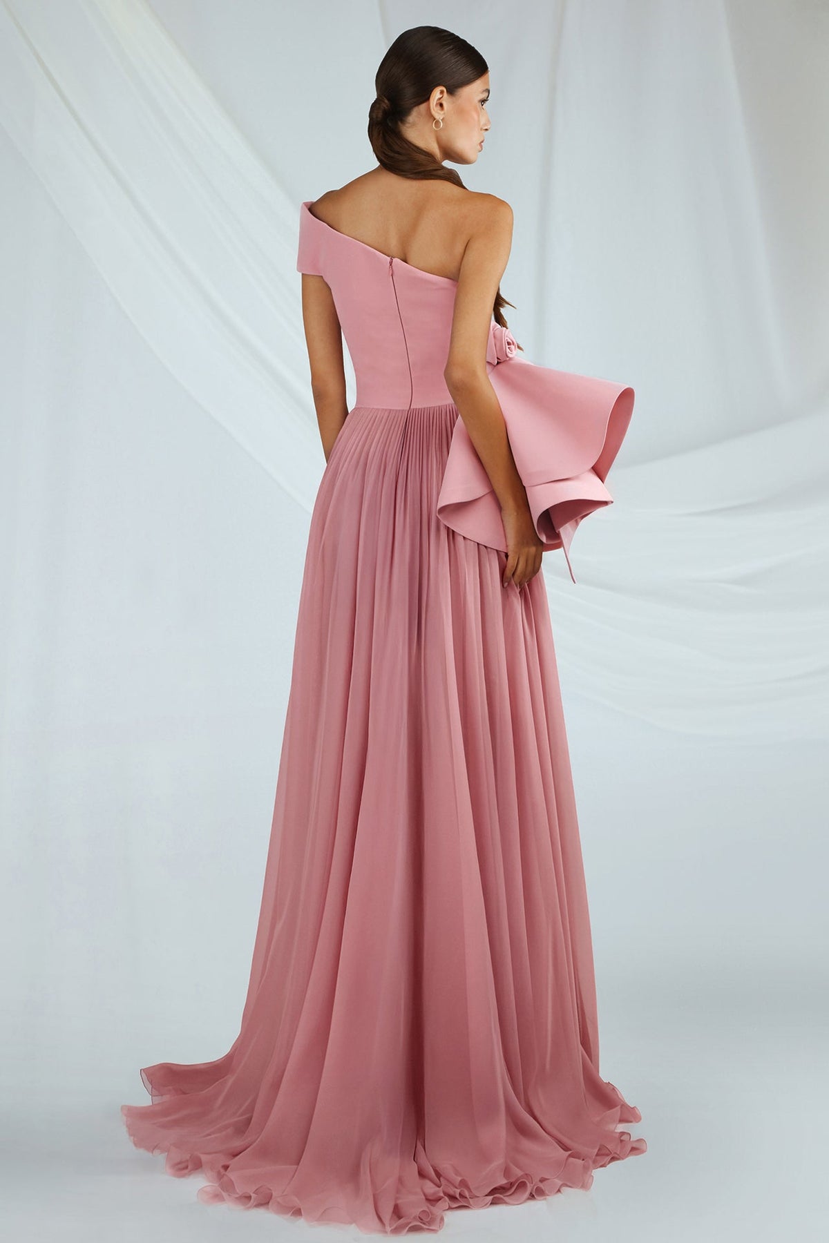 One-Shoulder Peplum Chiffon Gown