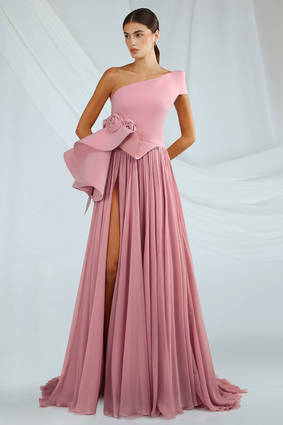 One-Shoulder Peplum Chiffon Gown