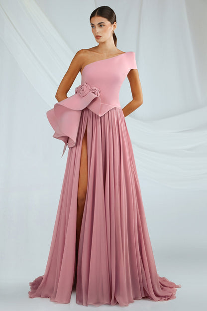 One-Shoulder Peplum Chiffon Gown
