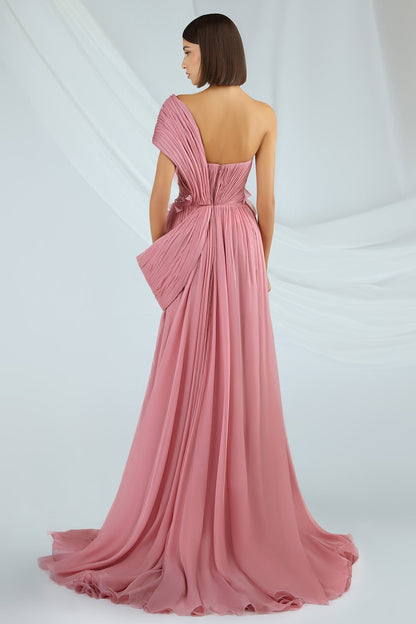 One-Shoulder Pleated Chiffon Gown