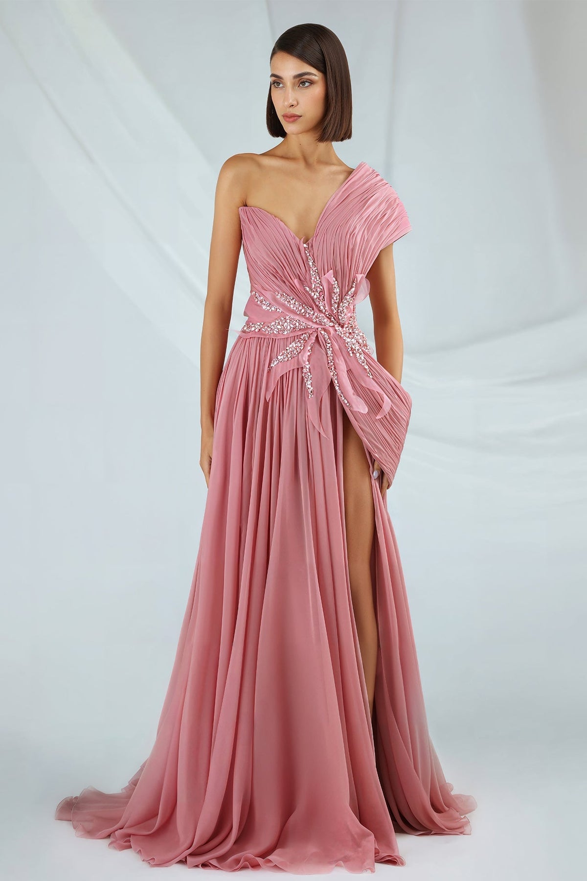 One-Shoulder Pleated Chiffon Gown