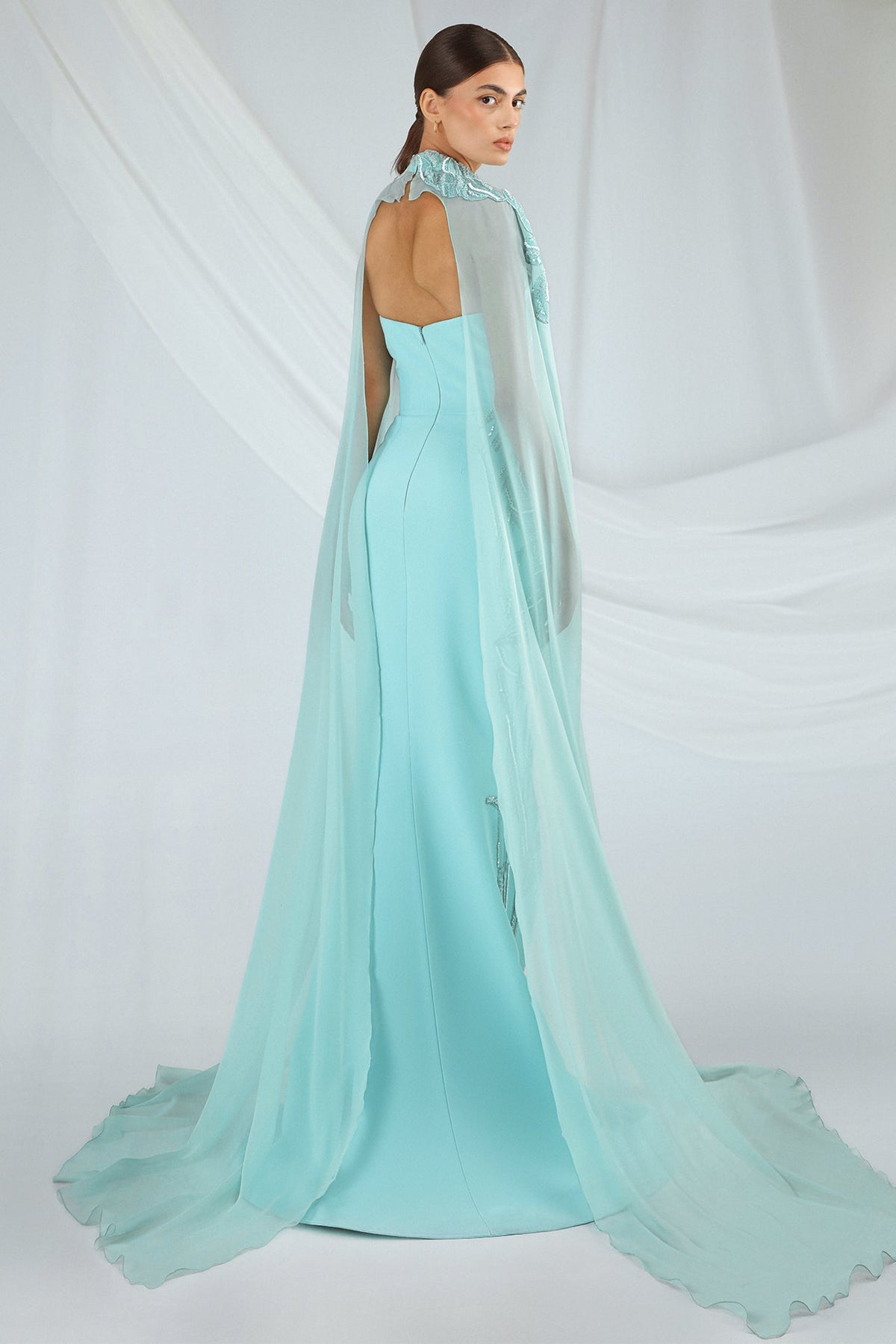 Strapless Embroidered Cape Gown