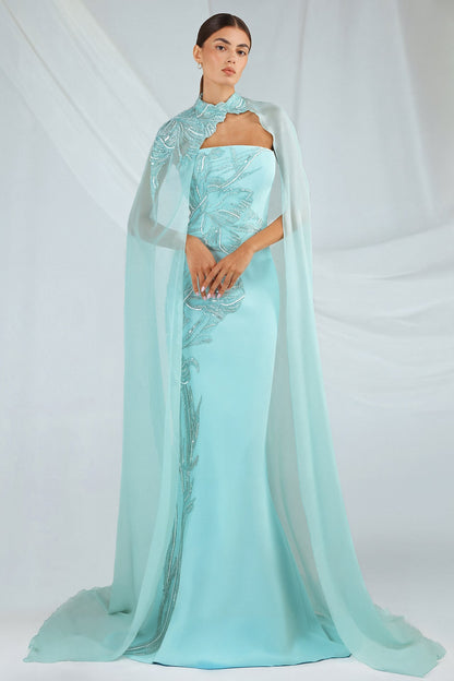 Strapless Embroidered Cape Gown