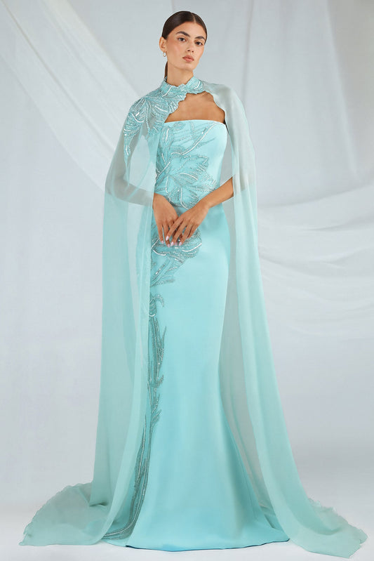 Strapless Embroidered Cape Gown