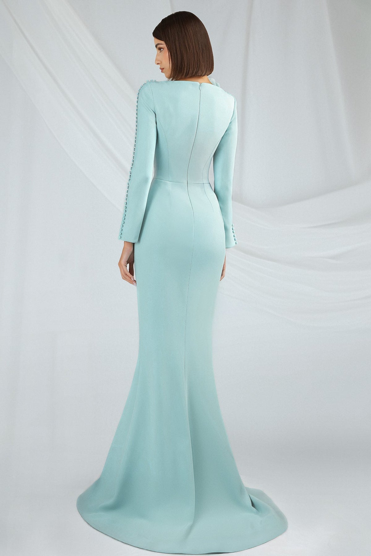 Ruffled Long-Sleeve Slit Gown