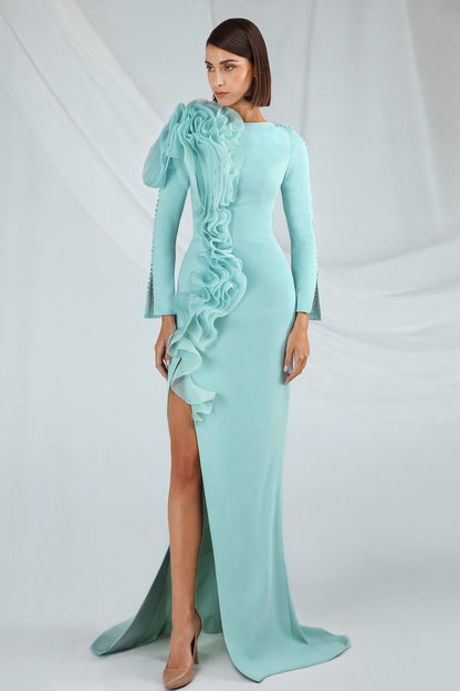 Ruffled Long-Sleeve Slit Gown