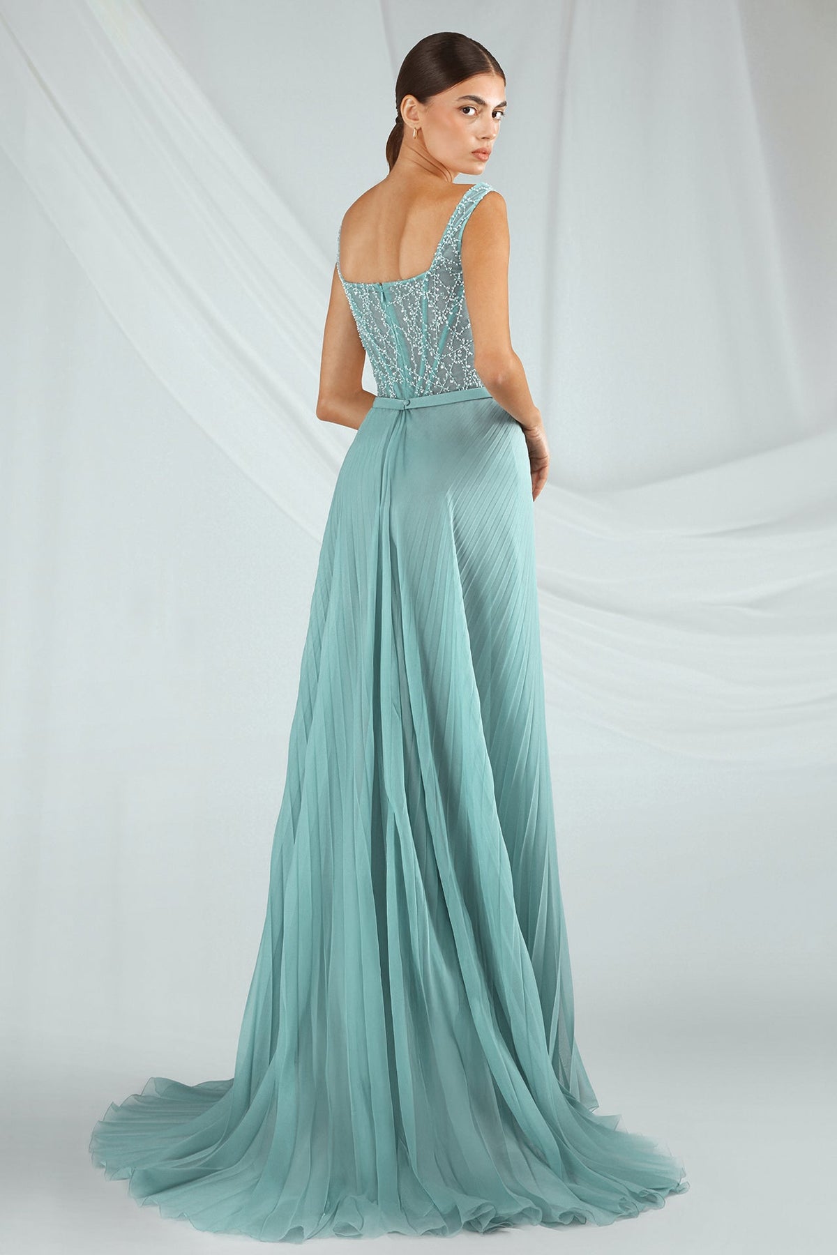Beaded-Bodice Pleated Gown