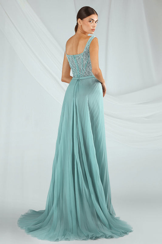 Beaded-Bodice Pleated Gown