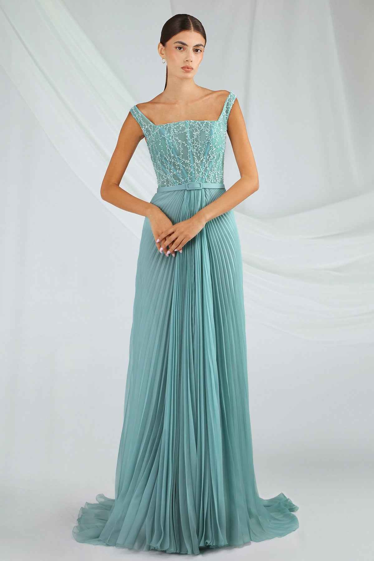 Beaded-Bodice Pleated Gown