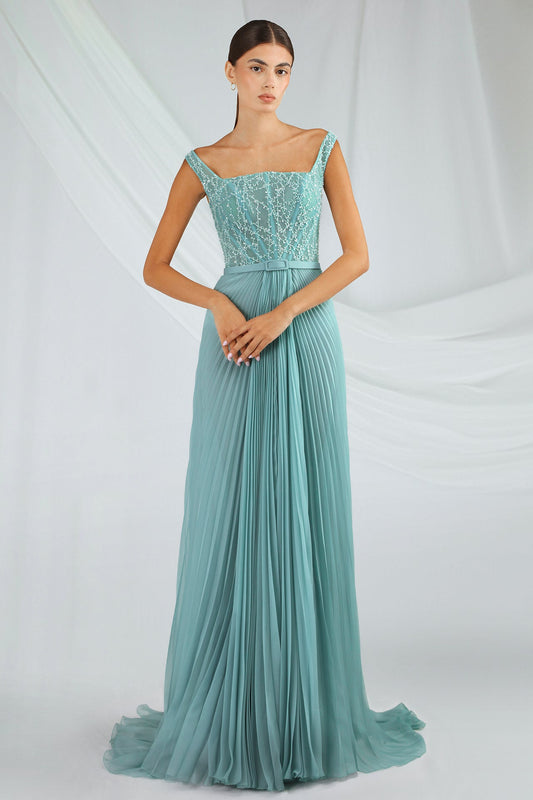 Beaded-Bodice Pleated Gown