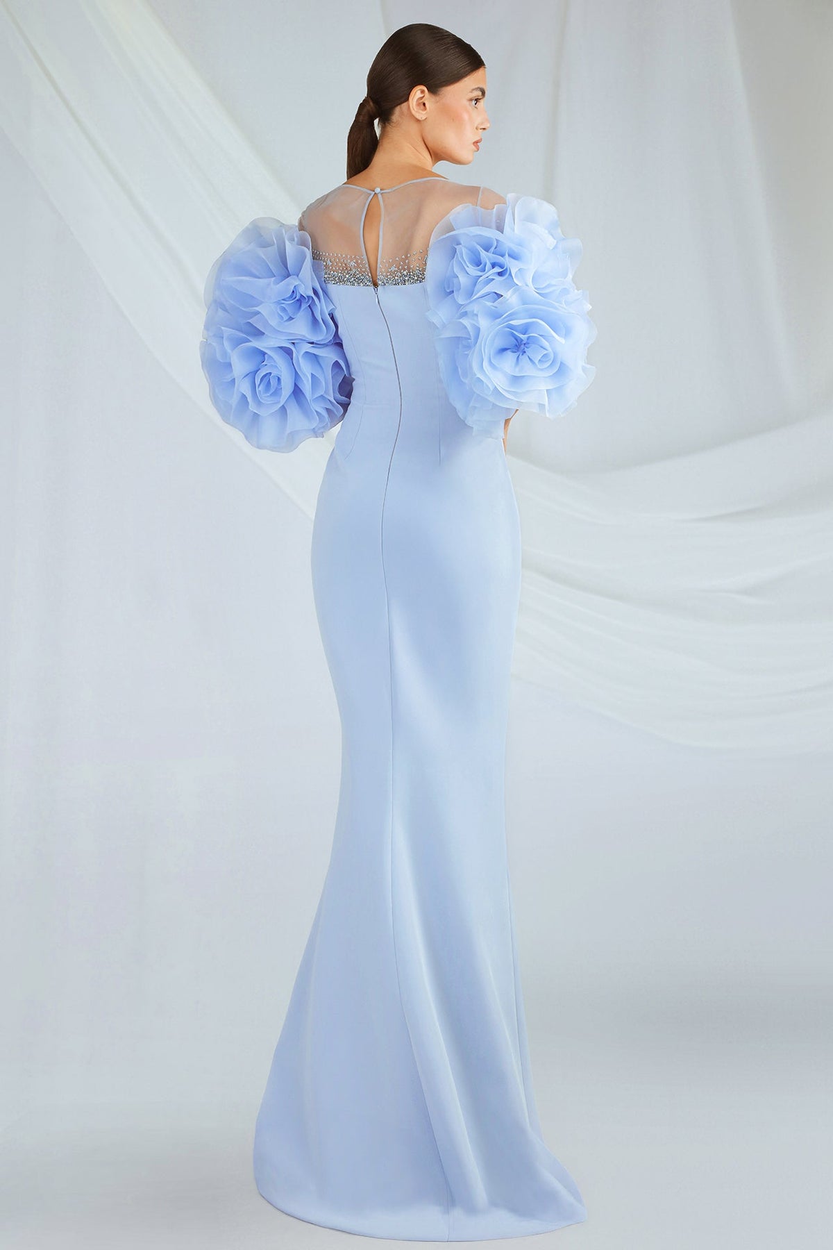 Organza Flower Puff-Sleeve Gown