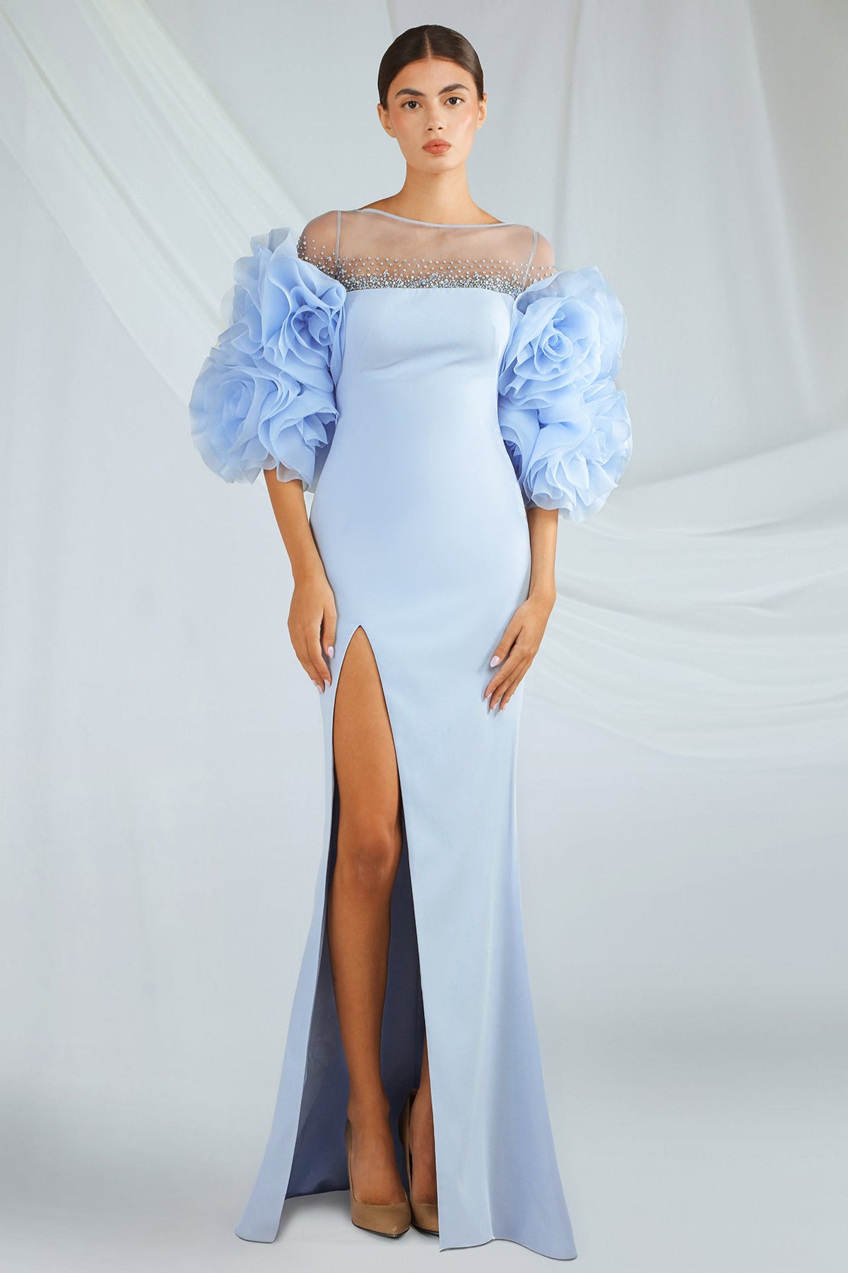 Organza Flower Puff-Sleeve Gown
