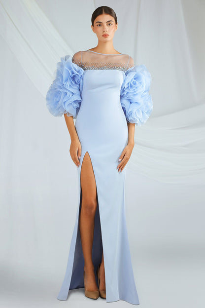 Organza Flower Puff-Sleeve Gown