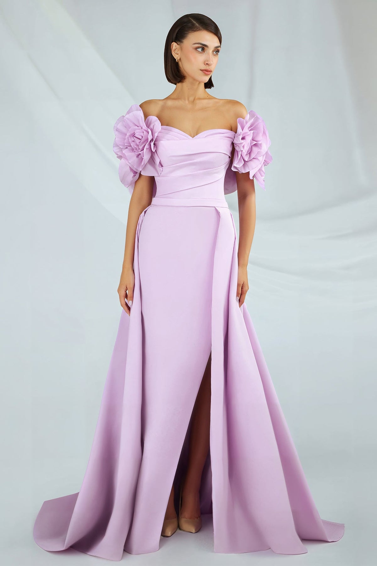 Off-Shoulder Rosette Open-Back Gown