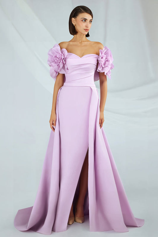 Off-Shoulder Rosette Open-Back Gown