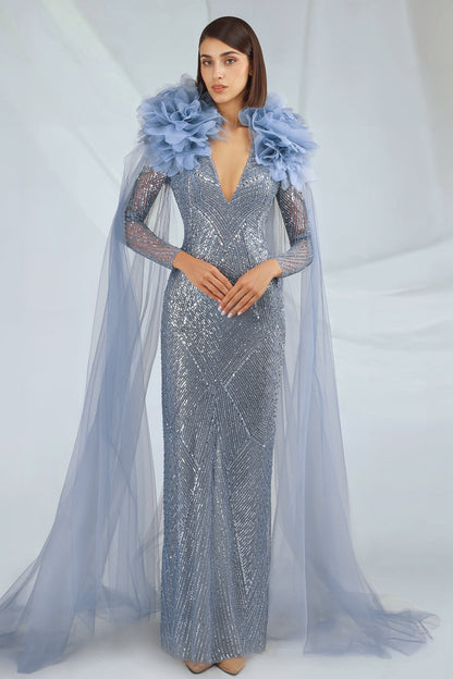 Plunge-Neck Beaded Cape Gown