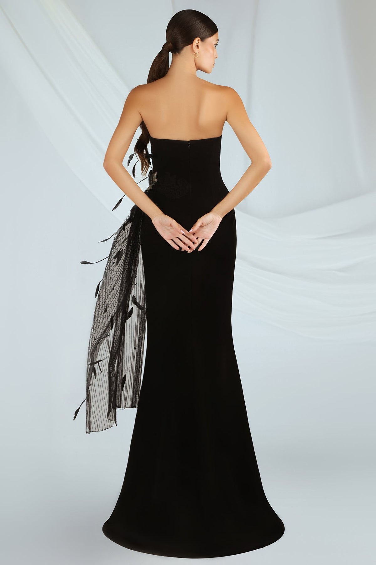 Strapless Feather Appliqué Gown