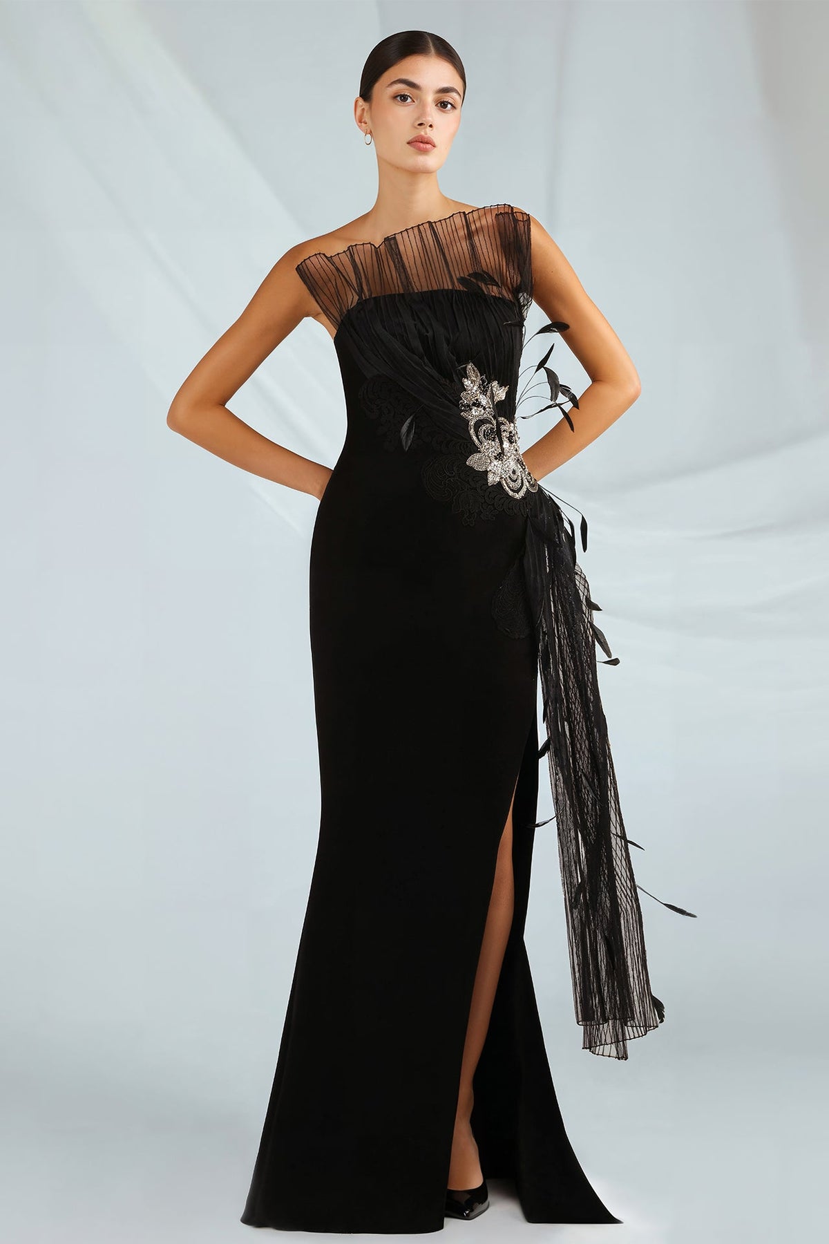 Strapless Feather Appliqué Gown
