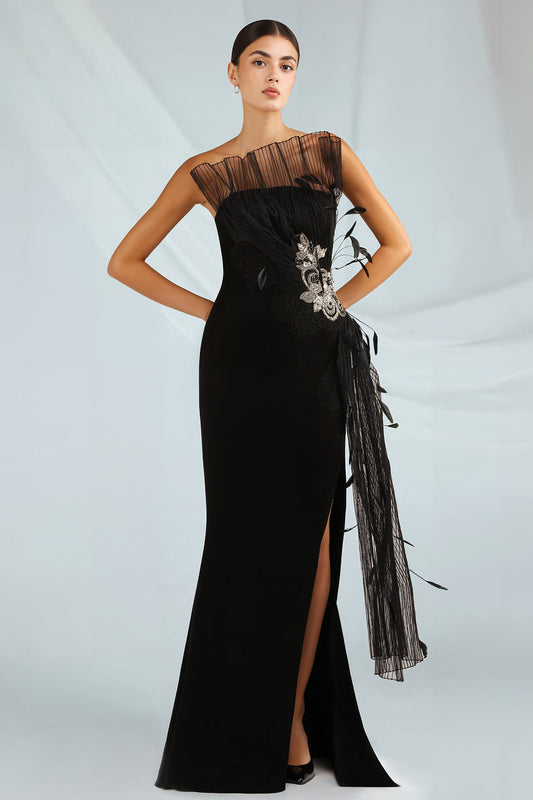 Strapless Feather Appliqué Gown