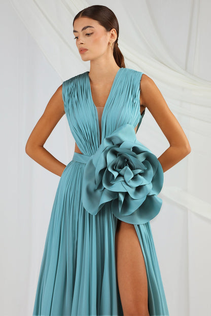 Pleated Chiffon Flower Gown
