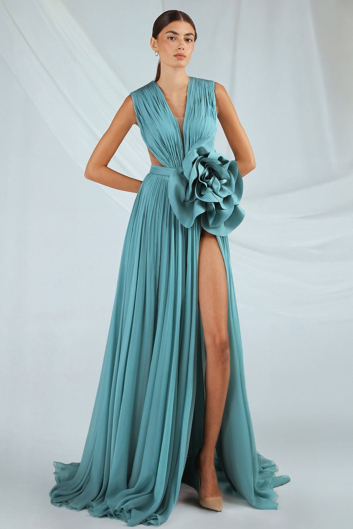Pleated Chiffon Rosette Gown