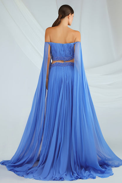 Cutout Cape-Sleeve Chiffon Gown