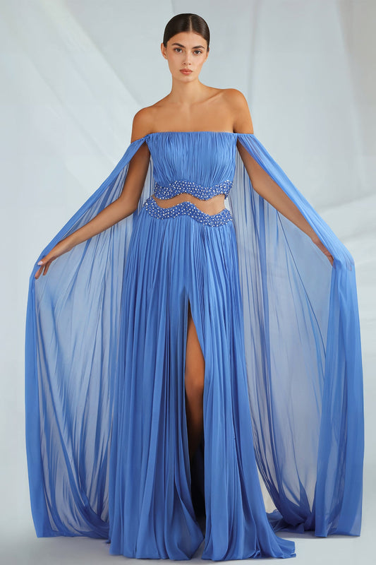 Cutout Cape-Sleeve Chiffon Gown