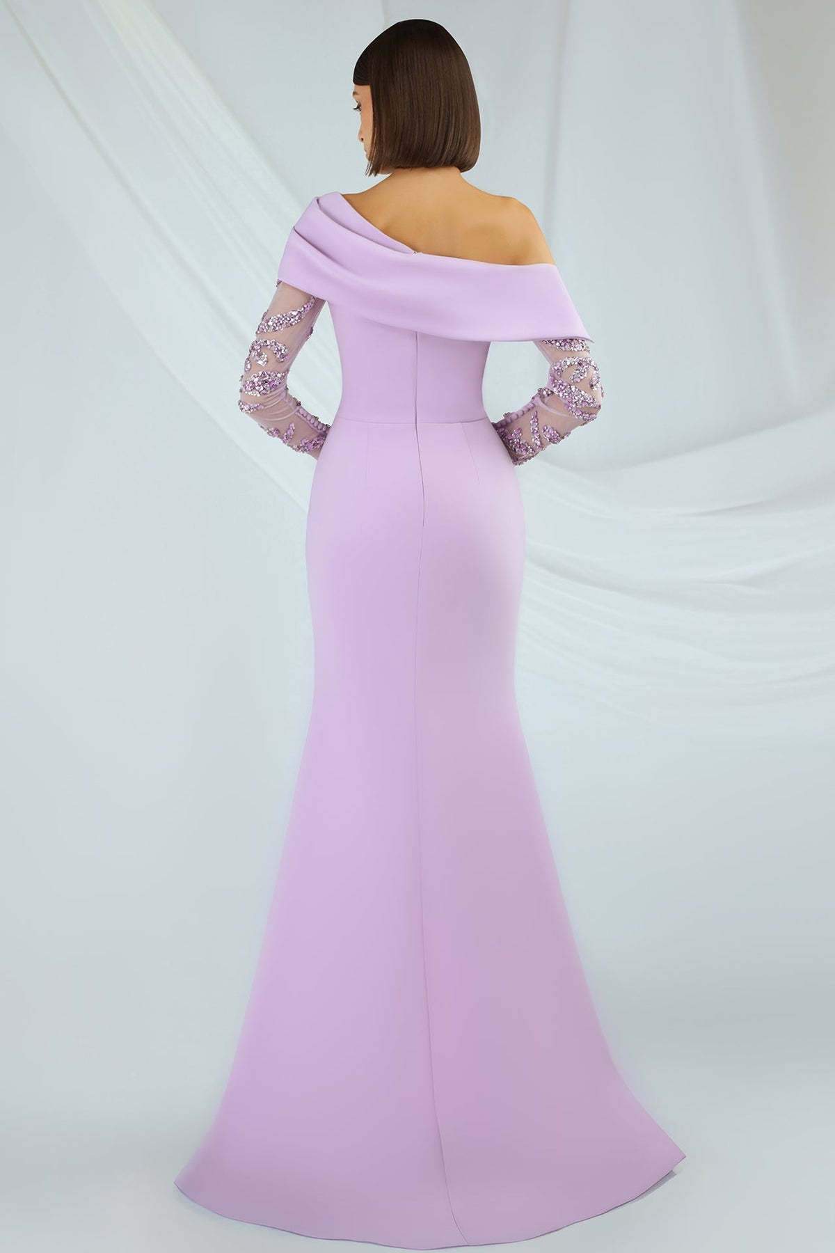 Fold-Collar Beaded-Sleeve Mermaid Gown