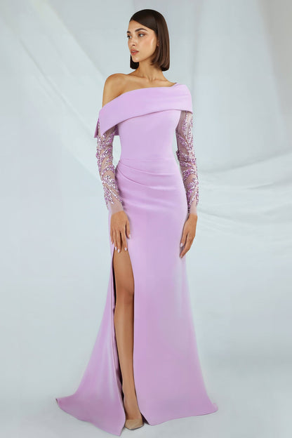 Fold-Collar Beaded-Sleeve Mermaid Gown