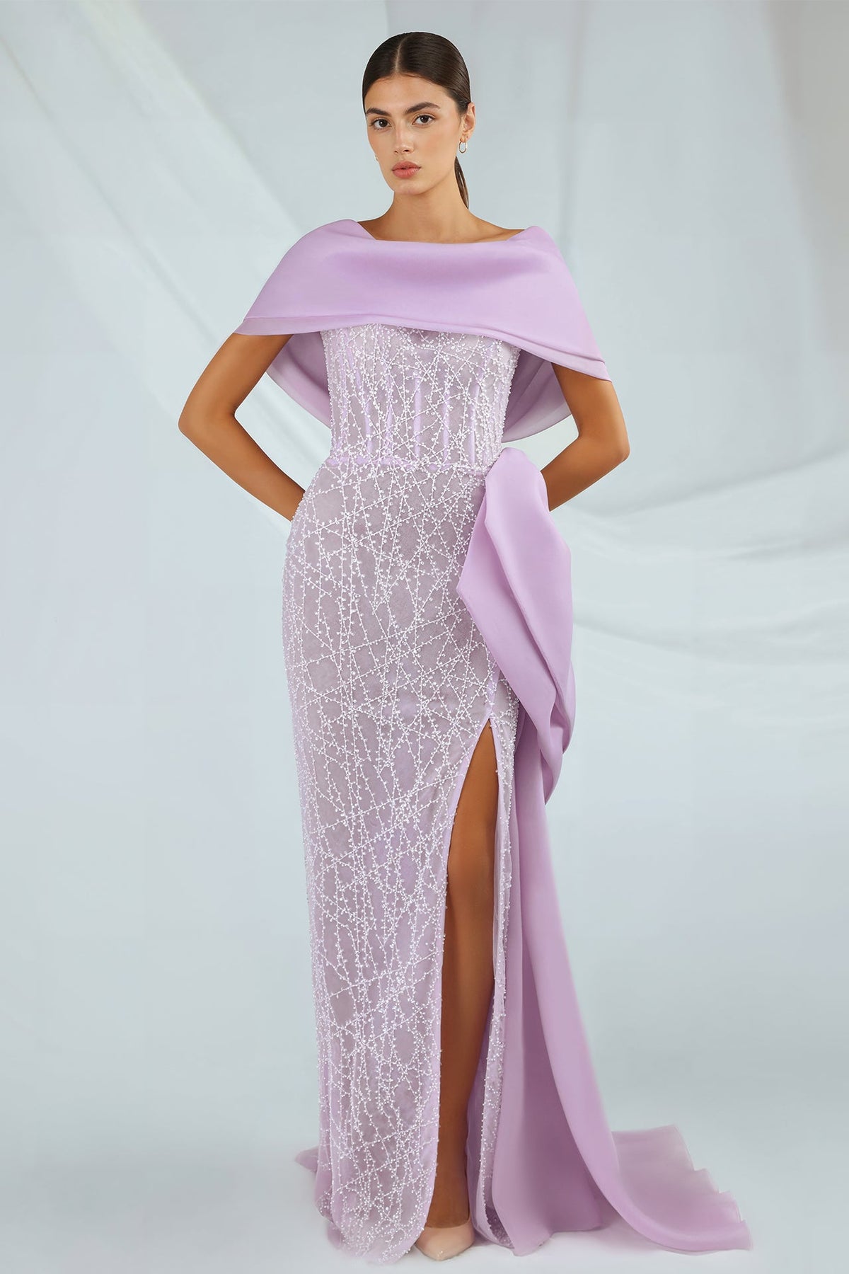 Beaded Lattice Bow-Back Gown