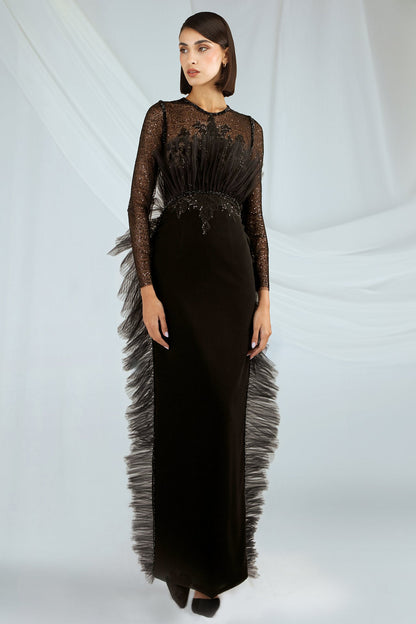 Sequined Illusion Fringe-Trim Gown