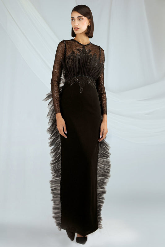 Sequined Illusion Fringe-Trim Gown