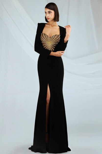Beaded Sunburst Long-Sleeve Gown