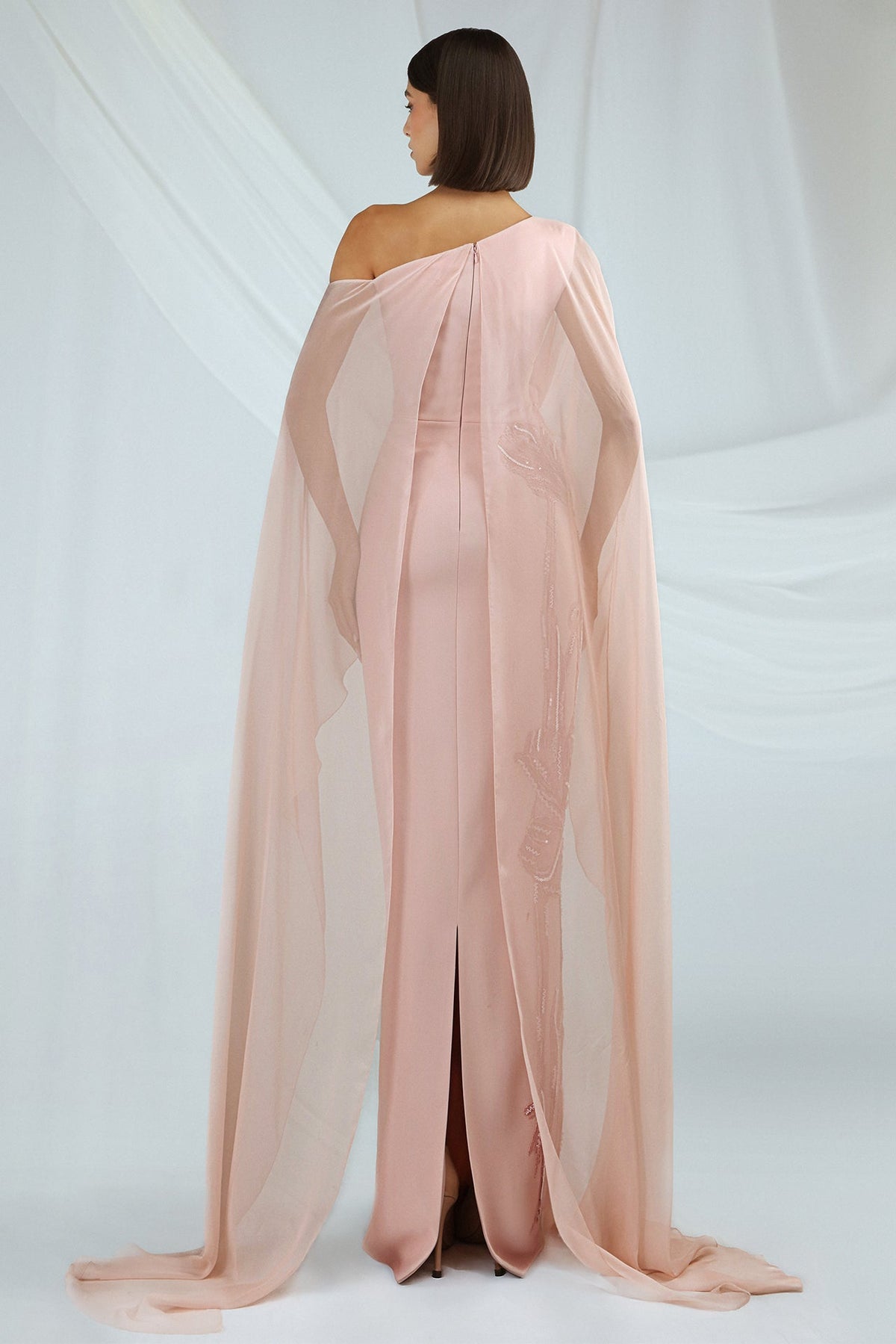 One-Shoulder Chiffon Cape Gown