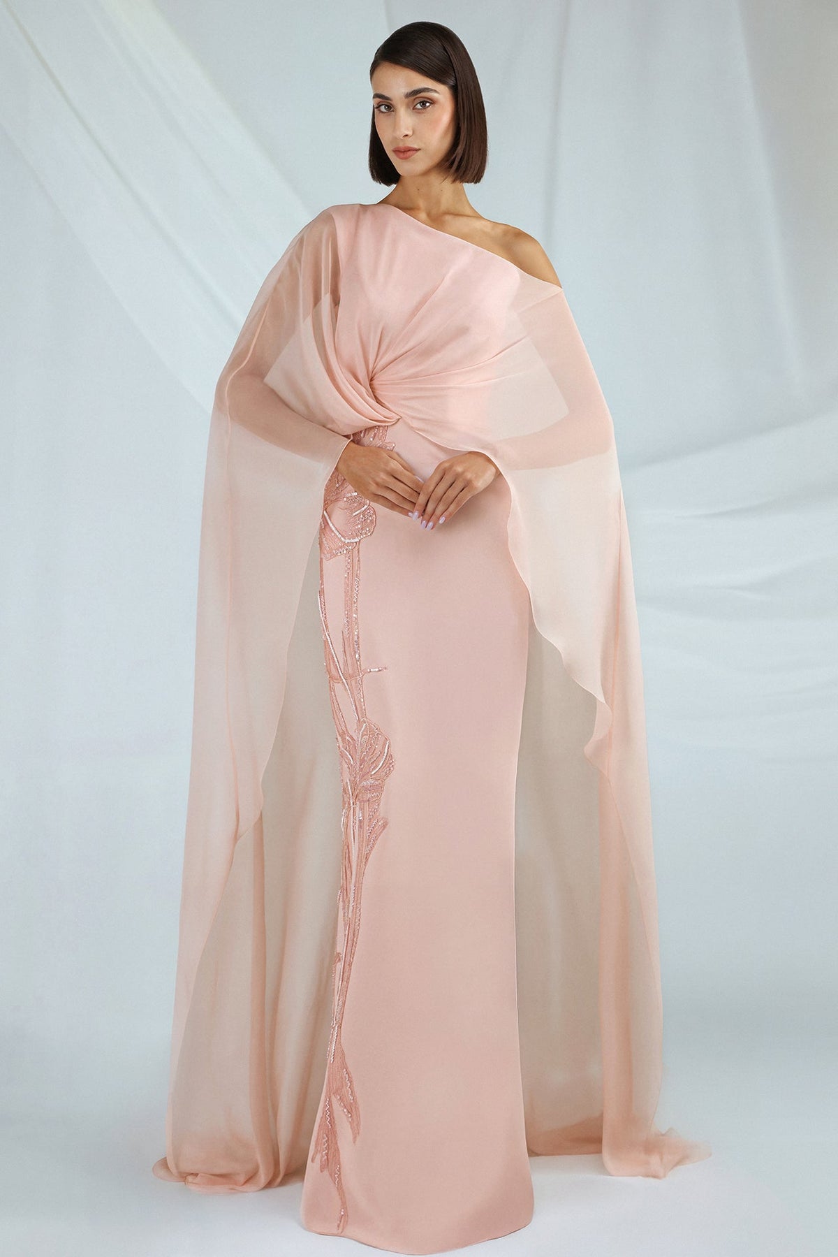 One-Shoulder Chiffon Cape Gown