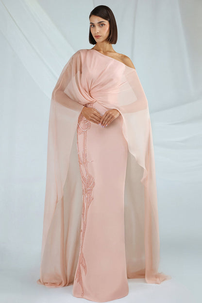 One-Shoulder Chiffon Cape Gown