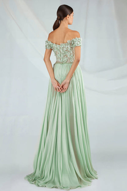 Off-Shoulder Petal Appliqué Gown