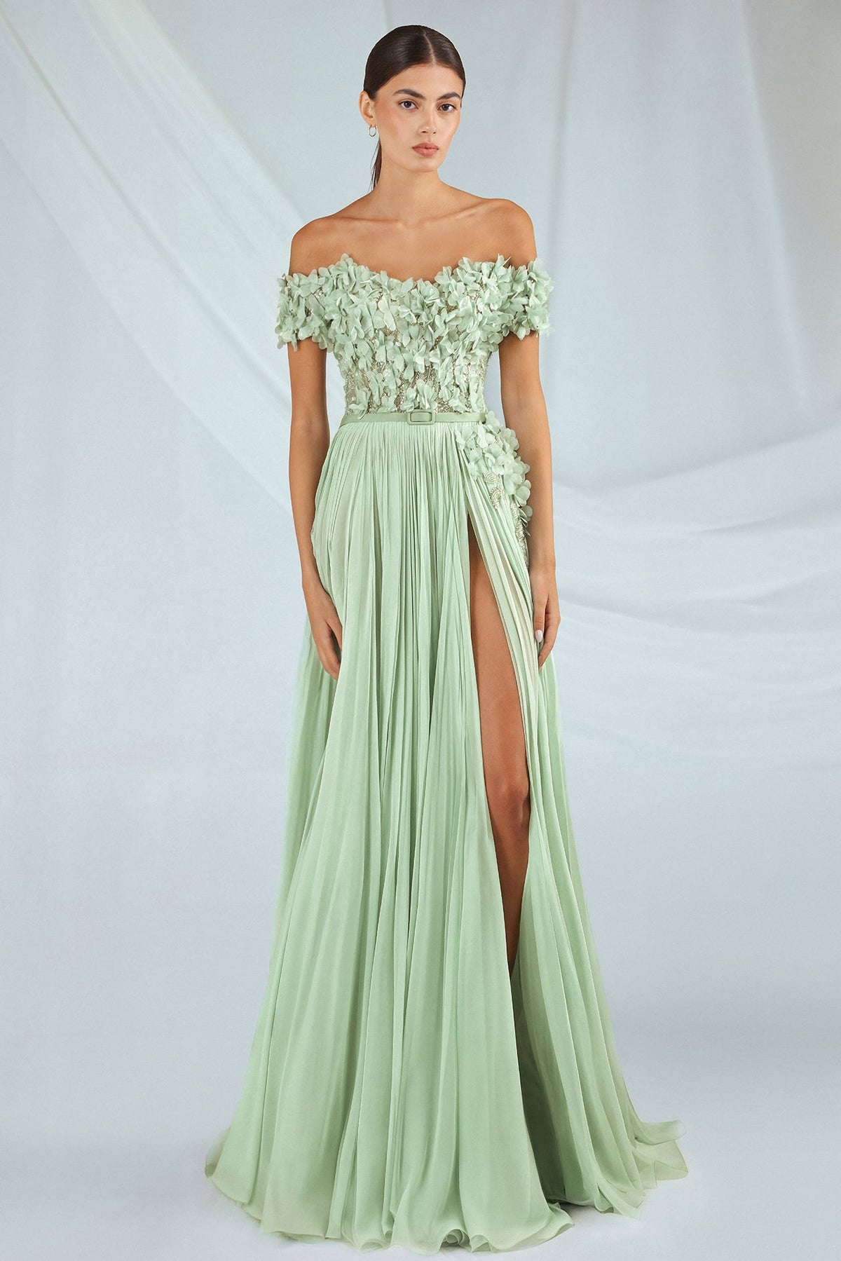 Off-Shoulder Petal Appliqué Gown