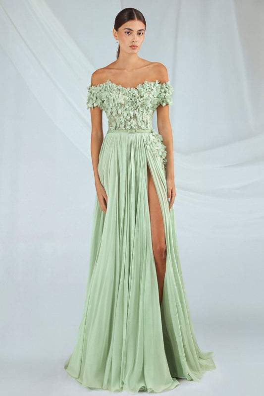 Off-Shoulder Petal Appliqué Gown
