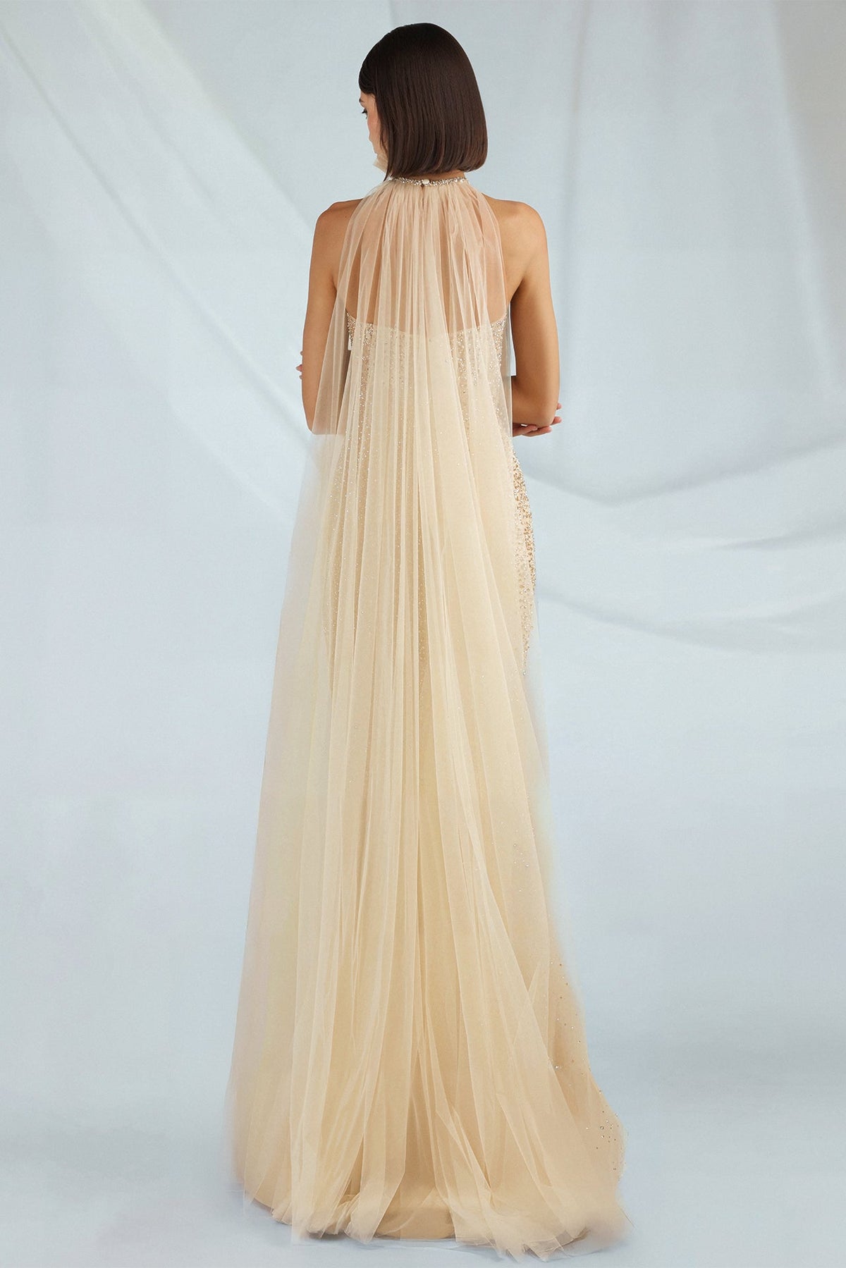 Beaded Halter Cape Gown