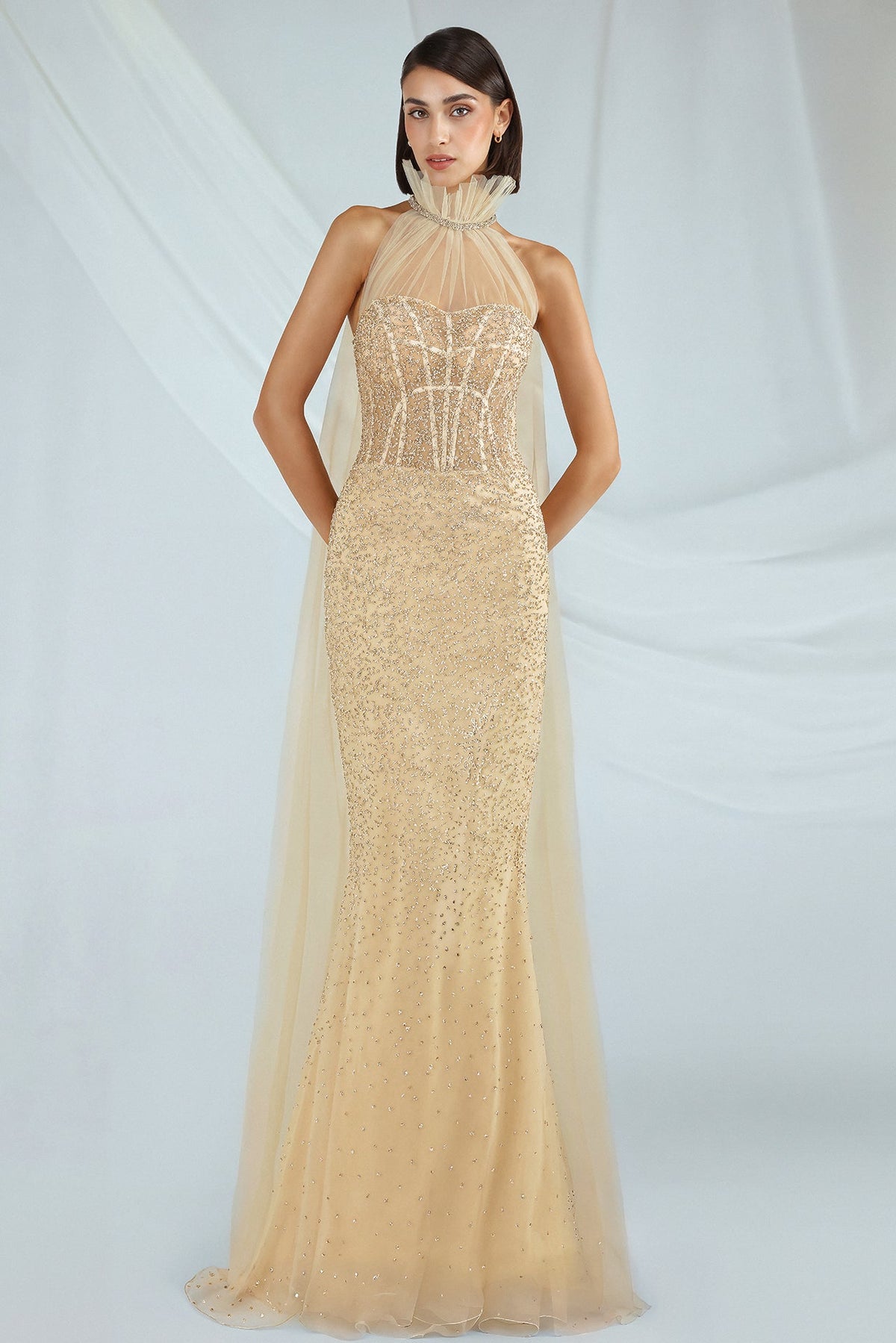 Beaded Halter Cape Gown