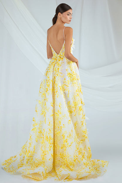 Plunging Floral-Embroidered Gown