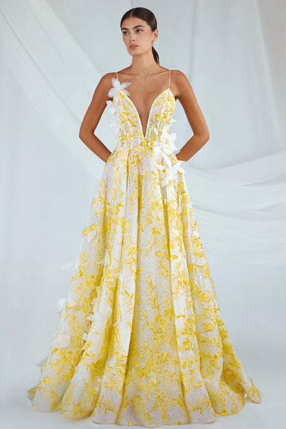 Plunging Floral-Embroidered Gown