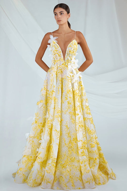 Plunging Floral-Embroidered Gown