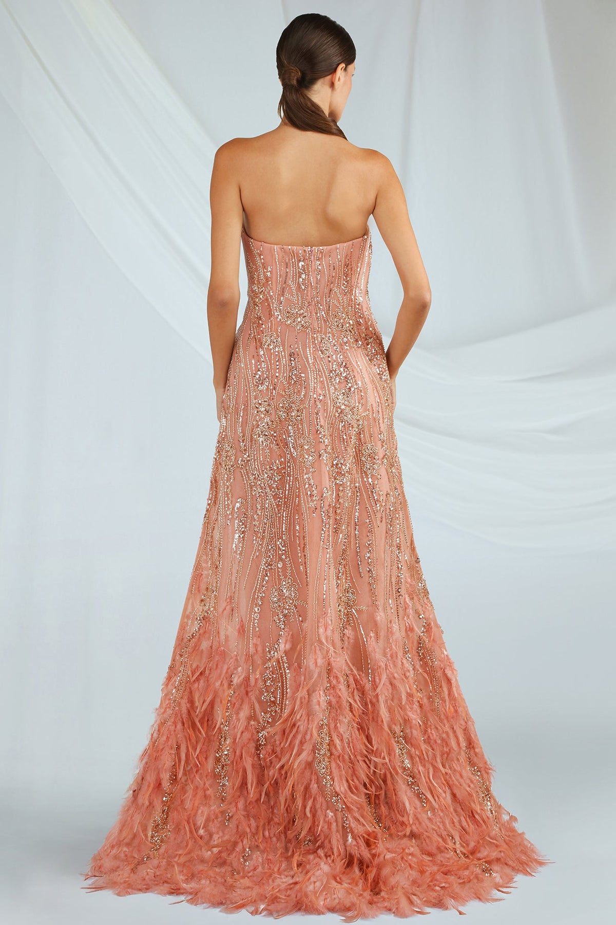 Strapless Feather-Hem Overlay Gown