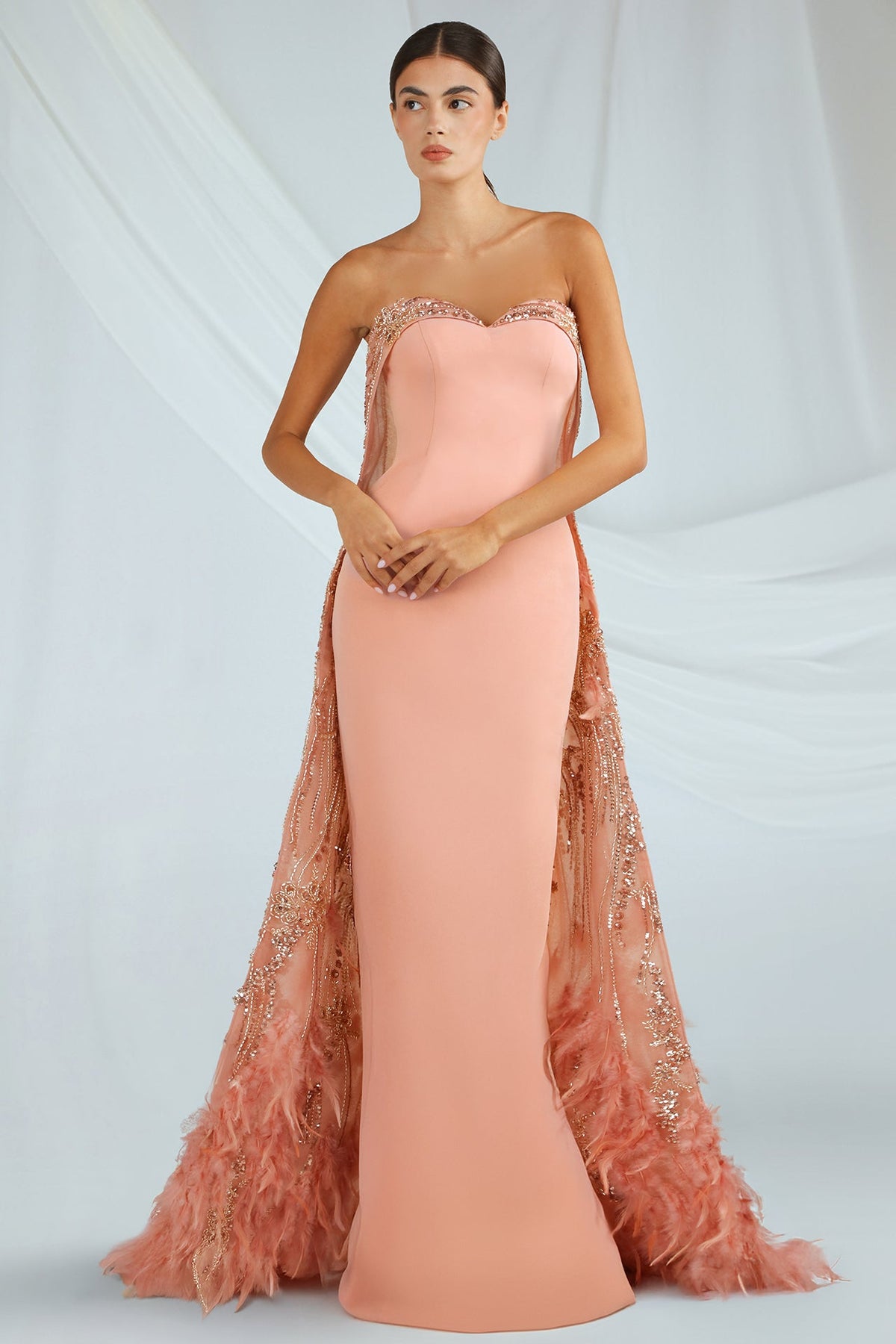 Strapless Feather-Hem Overlay Gown