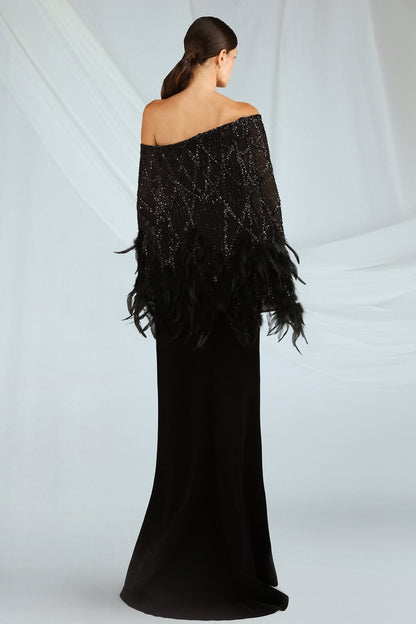 Off-Shoulder Feathered Cape Gown