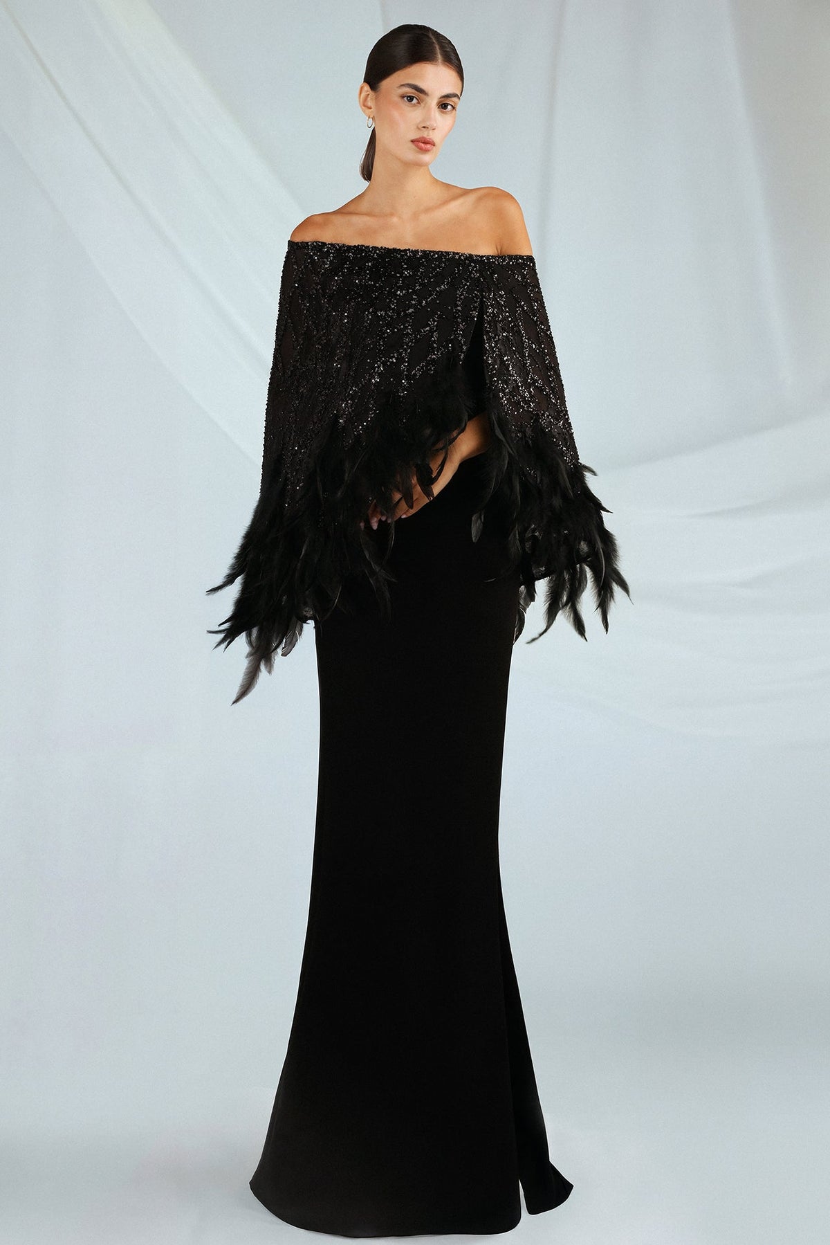 Off-Shoulder Feather Cape Gown