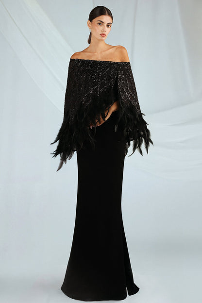 Off-Shoulder Feather Cape Gown