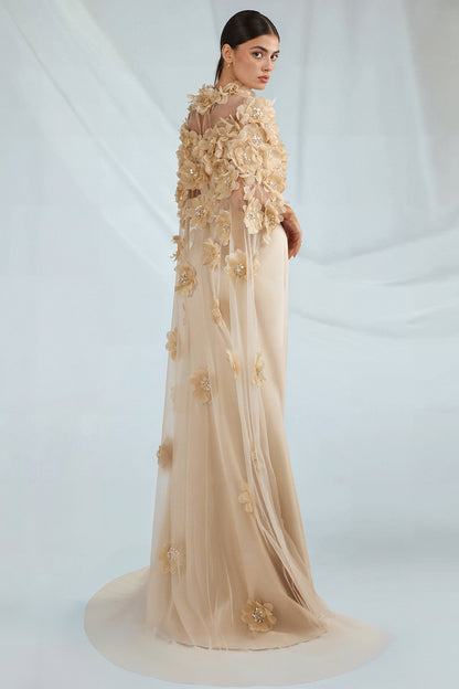Strapless Floral Cape Gown